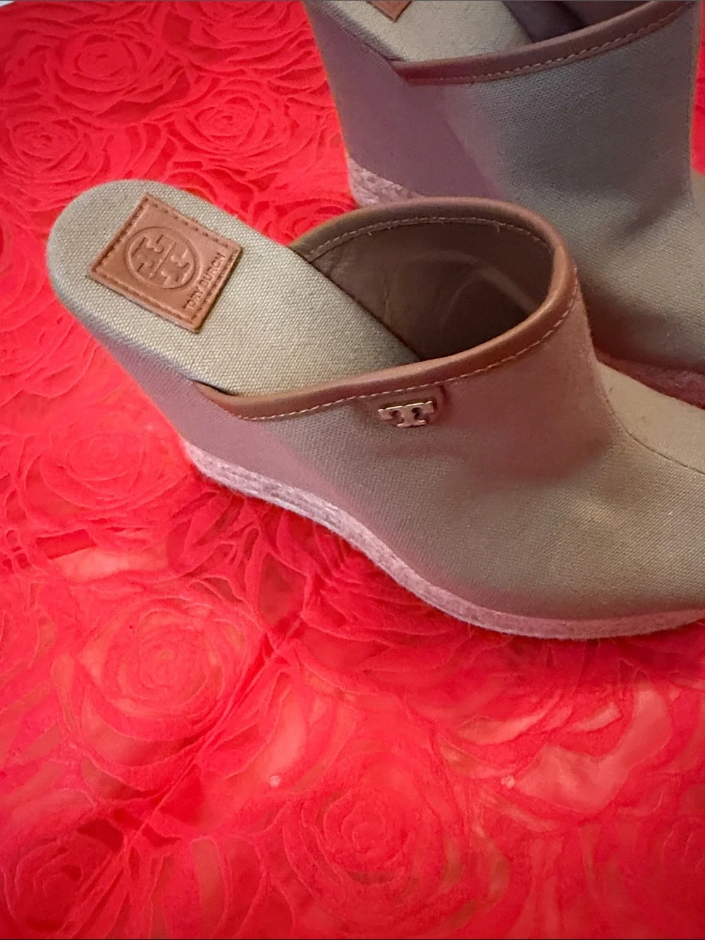 Tory Burch Beige Canvas Open-Toe Espadrille Wedges